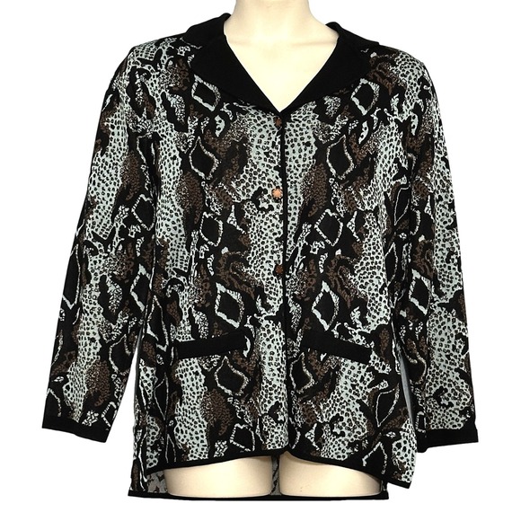 Misook Womens Sweater Plus 1X Black Aqua Snake Reptile Cardigan Artsy Classic - Picture 1 of 12